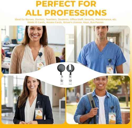 100 PCS Retractable Badge Reel and ID Badge Holder Set, 50 Black Badge Reels with Reinforced Metal Belt Clip and 50 Clear Vertical Name Tag ID Card Holders for Nurses, Hospital, Office, Teachers