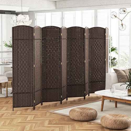 GOFLAME 8 Panel Room Divider, 6 Ft Tall Folding Privacy Screen with Hand-Woven Texture & Solid Wood Frame, Fully Assembled Wall Divider and Partition Screen for Room Separation, Brown