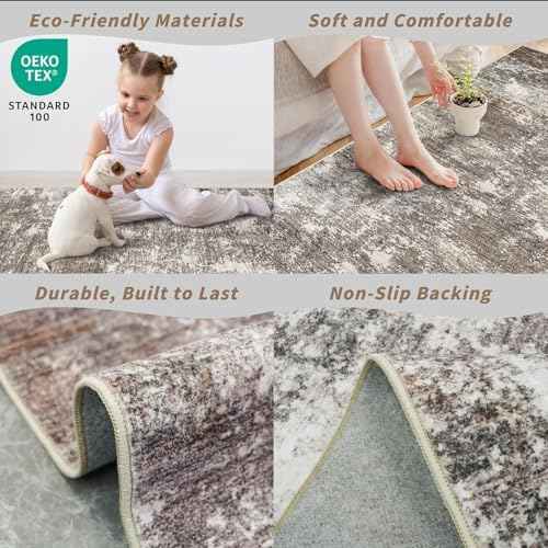 2x12 ft Washable Hallway Runner Rug – Non-Slip Stain-Resistant Low-Pile Long Carpet Runner for Kitchen Entryway Living Room Bedroom Bathroom, Modern Abstract Neutral (Brown Beige,2x12)