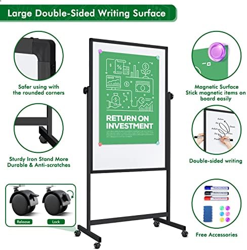 Rolling Whiteboard on Wheels 48" x 32" Aluminum Frame (Black)
