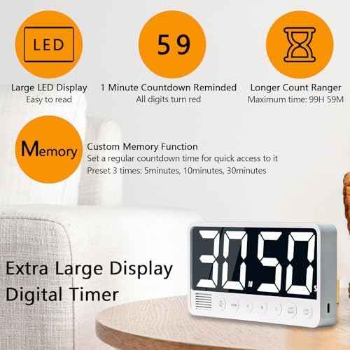 Digital Kitchen Timer with 7.1” Extra Large Display, Rechargeable Magnetic LED Countdown/Up Memory Timer with 6 Alarms & 4 Volume Levels for Cooking, Classroom, Office, Home Gym (White)