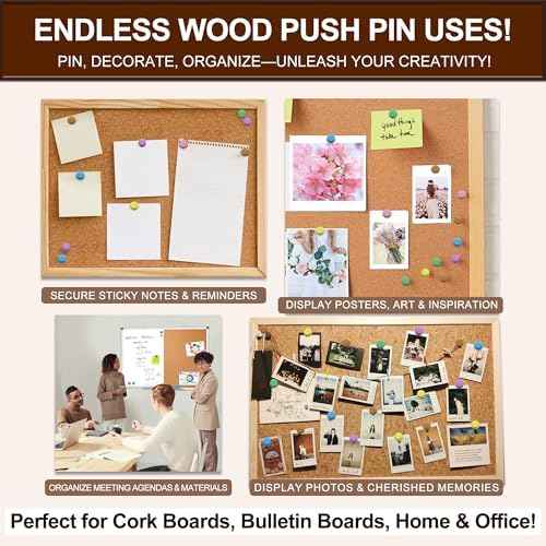 Colorful Wood Push Pins, Decorative Wooden Thumb Tacks for Cork Board and Bulletin Board, Map Pins for Wall, 60 Pieces