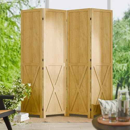 Cozy Castle 4 Panel Folding Room Divider, Solid Wood Privacy Screen, Freestanding Partition Wall, Temporary Wall for Home/Office/Bedroom/Restaurant, Natural