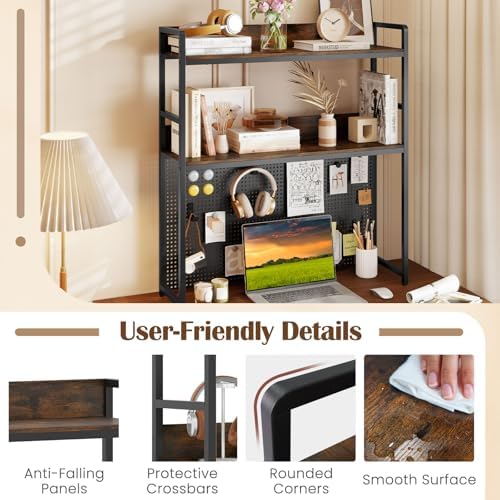 Giantex Desktop Bookshelf, 2-Tier Desk Hutch Dorm with Pegboard for up to 32" Computer Monitor, Industrial Countertop Storage Organizer Rack, Desk Shelf for Home Office, Rustic Brown