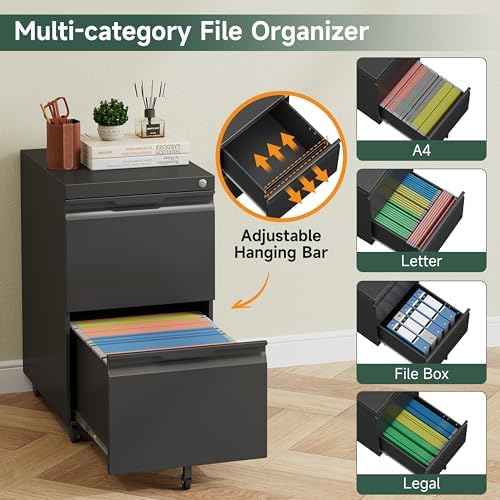 2 Drawer Metal Rolling File Cabinet with Lock, Under Desk Mobile Filing Cabinet for Home Office, Printer Stand with Casters Fits A4/Letter/Legal Size Documents, Black