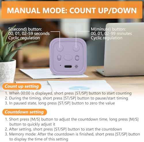 GuDoQi Multi-Function Cube Timer, 5/10/30/60 Min & Custom Count Down, Included Pause & Resume Feature, Silent, Vibrate & Adjustable Sound Alarm for Productivity in Tasks, Study & Kitchen, Purple