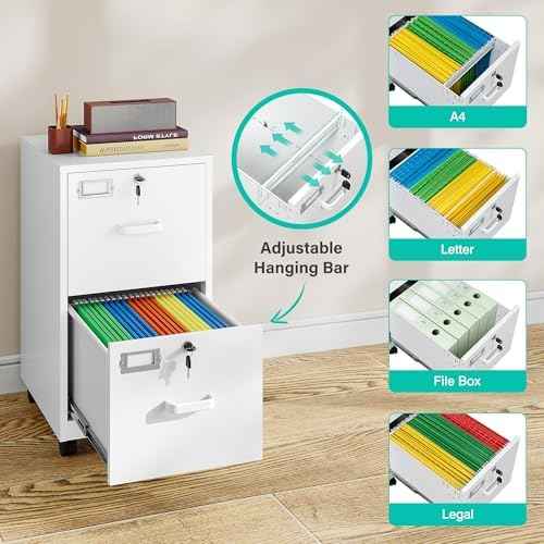 SISESOL 2 Drawer File Cabinet with Lock and Wheels,White Rolling File Cabinets,Locking Mobile Metal Filing Cabinet for Home Office,Under Desk,Fit A4/Letter/Legal File, Easy Assembly