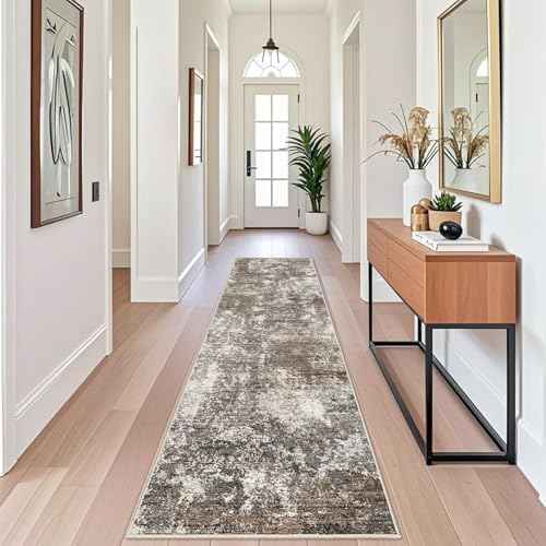 2x12 ft Washable Hallway Runner Rug – Non-Slip Stain-Resistant Low-Pile Long Carpet Runner for Kitchen Entryway Living Room Bedroom Bathroom, Modern Abstract Neutral (Brown Beige,2x12)