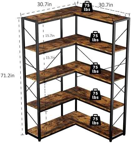 Shintenchi 5 Tier Corner Bookshelf, L Shaped Large Bookcase, Rustic Brown