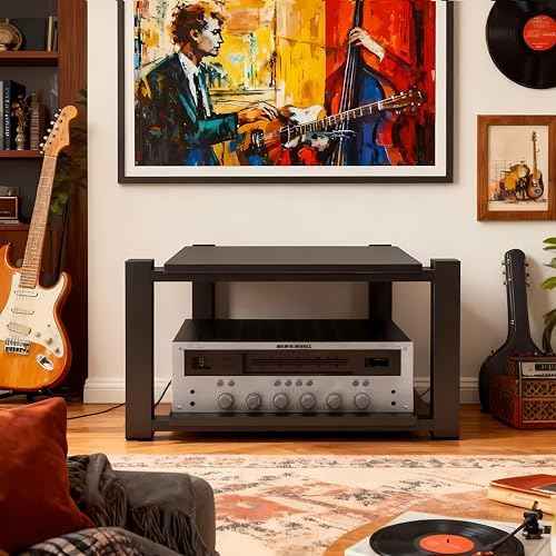 Heavy Duty Audio Rack Tower, Av Media Player Stand with Wooden Shelves, Black Cd Stereo Equipment Cabinet, Suitable for Home,Office/Audio Video/Theate (Black, 2 Tier)