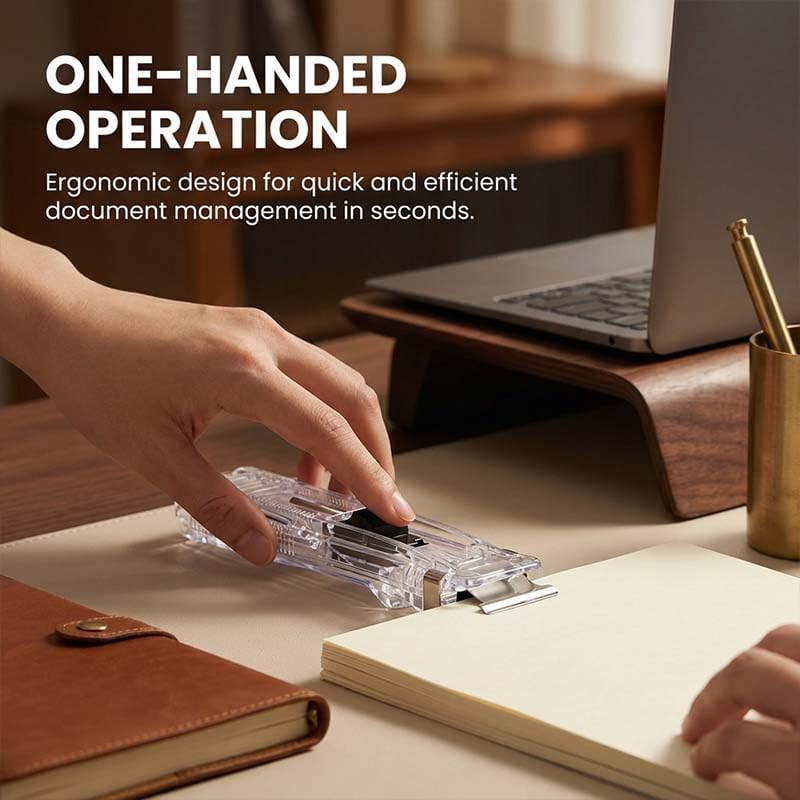Portable Binder Clip Stapler with 58 Reusable Push Clips, Staple Free Stapler for Up to 40 Sheets, Mini Paper Clip Dispenser for Office Documents, School Supplies and Home Organization (Black)