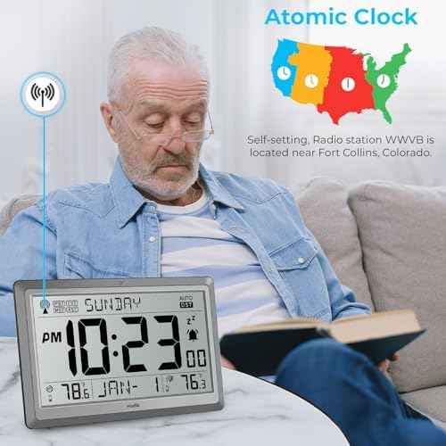 HODIK Atomic Wall Clock with Indoor Outdoor Temp, Digital Clocks(Silver)