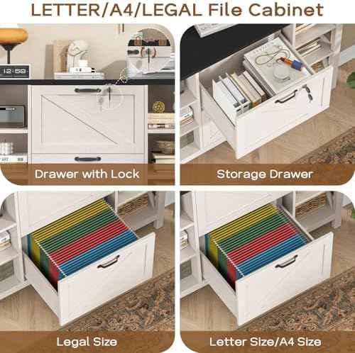 Vabches File Cabinet with 2 Drawers, Farmhouse Lateral File Cabinet Fits Files Letter/A4/Legal Size, Wooden Filing Cabinet with 4 Adjustable Shelves Printer Stand for Home Office, White and Black
