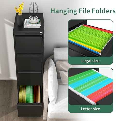 File Cabinet 4 Drawer with Lock, Vertical Filing Cabinets for Home Office, Metal Steel Storage Cabinet for Letter/Legal Size File, Assembly Required(Black)