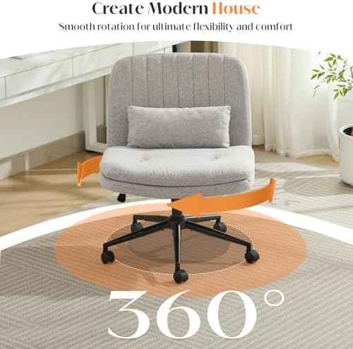 Criss Cross Chair with Wheels, Comfy Armless Cross Legged Office Chair with Wide Seat, Double-Thick Cushion, Pillow, Adjustable Swivel Computer Task Vanity Home Office Desk Chair (Gray, with Wheels)