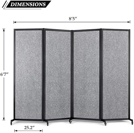 Room Partition, 8'5"L* 6'7"H,4 Panel,Light Grey