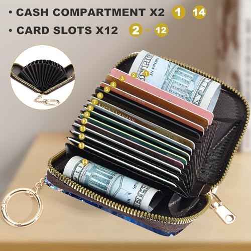 Credit Card Holder for Women,Small Rfid Wallet with Keychain Zipper,Cute PU Leather Card Case Wallet，Accordion Credit Card Wallets Gift,Moon Mountains