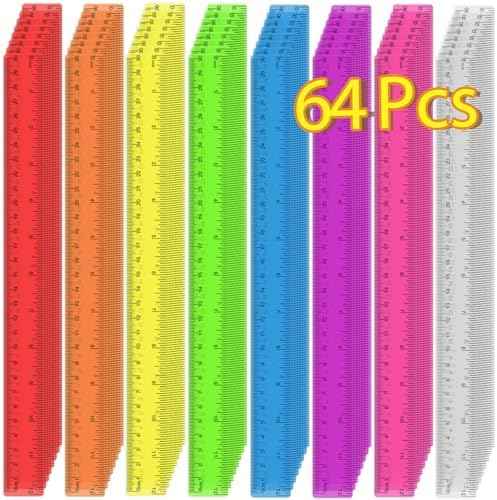 64 Pack Plastic Ruler 12 Inch in Bulk, Plastic Rulers in Assorted Colors, Clear Ruler with Inches and Centimeters, Transparent Rulers Bulk for Kids Back to School, Classroom, Office, Home Supplies