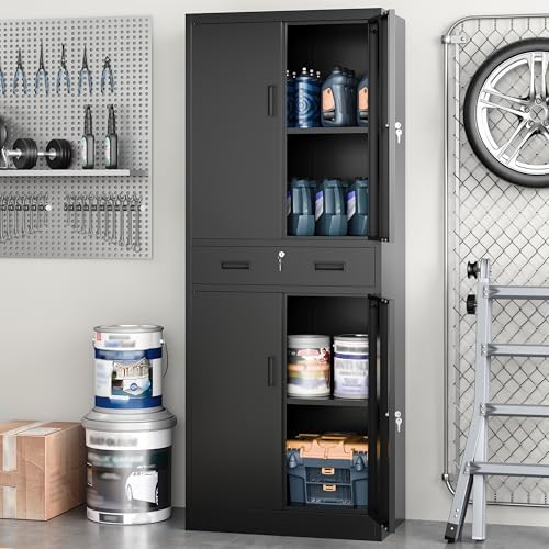 Metal Storage Cabinets with 1Drawer, 71" Storage Cabinet with 4 Locking Doors and 2 Adjustable Shelves, Steel Storage File Cabinet for Pantry Home, Kitchen, Office, Garage (Black)