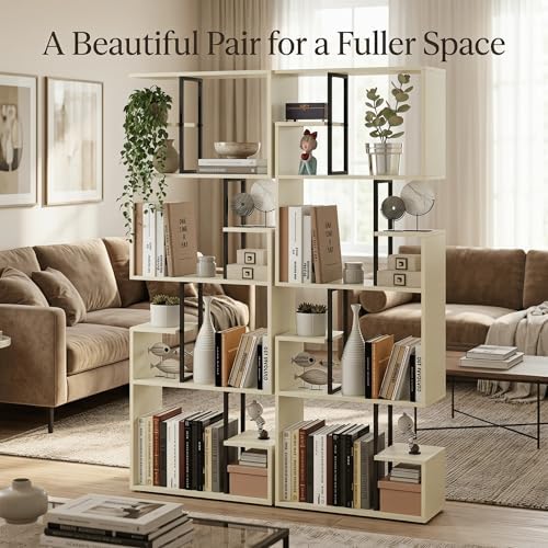 Manora Modern Geometric Bookshelf, 4 Tier Tall Bookcase with Open Display Shelves, Freestanding Storage Organizer for Living Room, Home Office, Bedroom, Rustic Industrial Narrow Shelf Unit, Off-White