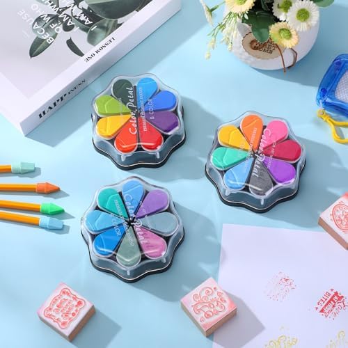 Jetec 3 Packs Petal Ink Pads Finger Ink Stamp, Rainbow Rubber Stamps Washable Waterdrop Shaped Stamp Pads for Card Making, Scrapbook, Painting (Classic 24 Colors)