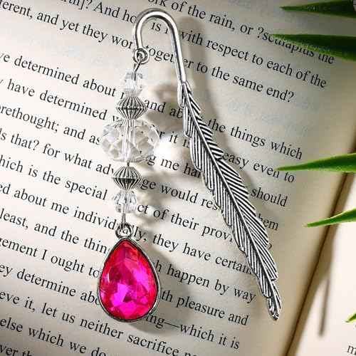Vintage Bookmark Metal Feather Bookmarks with Drop Natural Rose Red Crystal Pendant Chain,Book Mark for Reading Women,Men,Book Lovers,Girls and Teachers(October)