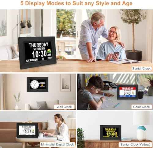 SSINI Digital Calendar Dementia Alarm Clock with Day and Date for Elderly - 15 Alarms 5 Colors Display Large Display Alzheimers Clock Large Digital Clock for Seniors (7in Black)