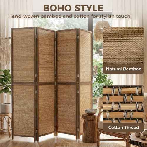 HOMCOM Room Divider, 6 FT Tall Folding Privacy Screen, 4-Panel Boho Brown