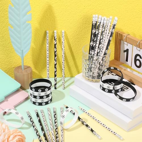 Sabary 48 Pcs Sports Pencils Silicone Bracelets Set Soccer Football Basketball Baseball Wooden Pencil Rubber Wristbands for Birthday Gifts Sports Party Favors(Soccer)