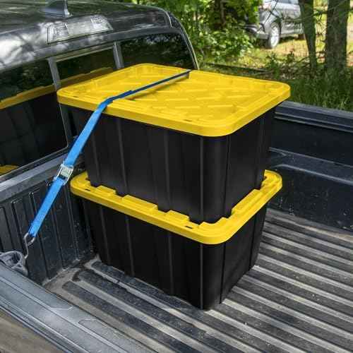 6 Pack, Large 27 Gallon Durable Plastic Storage Bin with Snap-On Lid, Storage Bin for Home Garage Organization, Black and Yellow