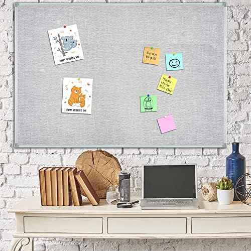 Lockways 36" x 24" Cork Bulletin Board, Grey Frame Linen Fabric Pinboard
