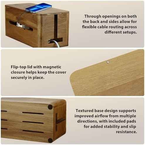 Large Acacia Wood Cable Management Box, Magnetic Lid, Cable Organizer