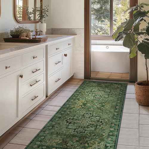 Green Boho 2x5 Runner Rugs for Hallways Non Slip Machine Washable, Low Pile Lightweight Carpet Runner for Entryway/Kitchen/Bathroom/Corridor/Laundry Room Distressed Vintage Medallion Printed