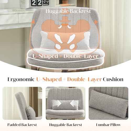 Criss Cross Chair with Wheels, Comfy Armless Cross Legged Office Chair with Wide Seat, Double-Thick Cushion, Pillow, Adjustable Swivel Computer Task Vanity Home Office Desk Chair (Gray, with Wheels)