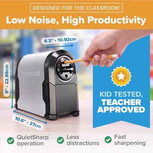 Bostitch Office SuperPro Glow Electric Pencil Sharpener, Sharpens Standard & Colored Pencils, Heavy Duty Commercial Classroom, Replaceable Cutter Cartridge System, 6-Hole, Silver/Black