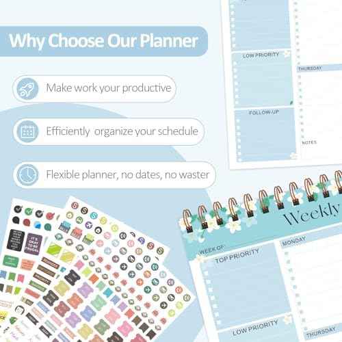 Weekly To Do List Notepad, 52 Sheets Undated Weekly Planner, 8.5"x11" Letter Size Horizontal Desk Pad with 100GSM Thick Paper, Twin-Wire Spiral Bound Tear Off Lined Organizer for Office Work, School & Home