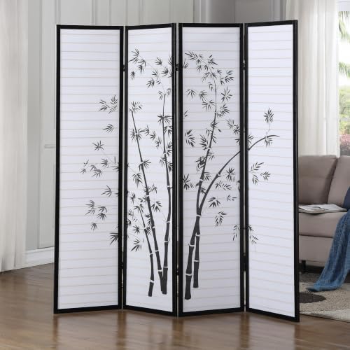Roundhill Bamboo Print 4-Panel Framed Room Screen/Divider, black