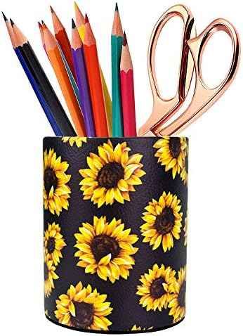 Sunflower Pen Holder, Pencil Holder Desk Organizer for Women Girls, Floral Makeup Brush Holder, Ideal Gift for Office, Classroom, Home(blackSunflower)