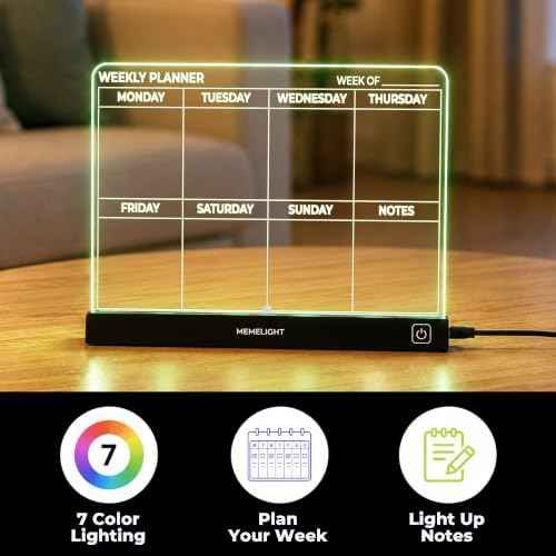 LED Weekly Planner Board with Light, Always On Acrylic Weekly Planner, Slim Design Fits Anywhere, 7 Color Dry Erase Board, Weekly Schedule Board for Home, Office, Family, Classroom, 7.9 x 11.8