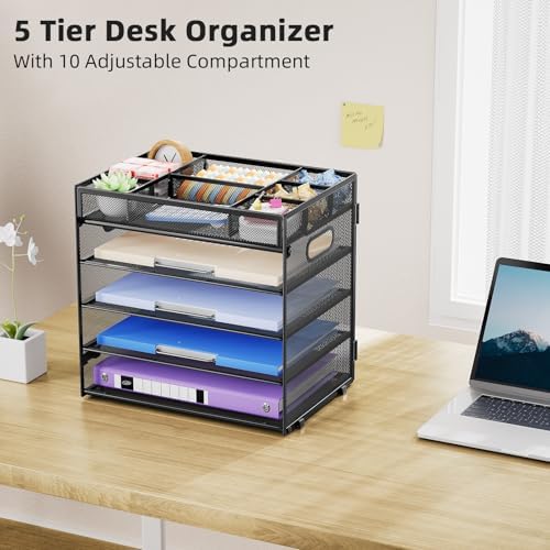 Marbrasse 5 Tier Paper Organizer, Mesh Desk Letter Tray with Handle,Black