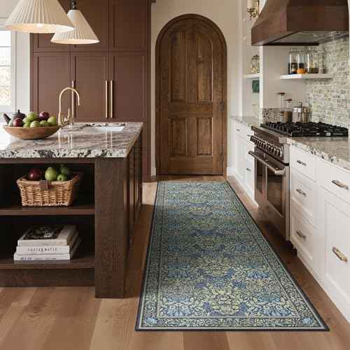 2x6 Runner Rug Non Slip Washable, Vintage Floral Kitchen Rug, Dark Blue