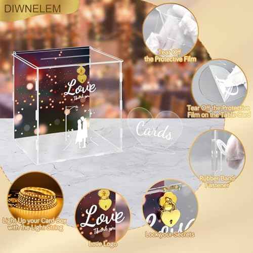 Wedding Card Box with Lock&Light Large Letter Envelope Box Wedding Gift Card Box Money Box for Reception Baby Shower Birthday Party Graduation Decorations