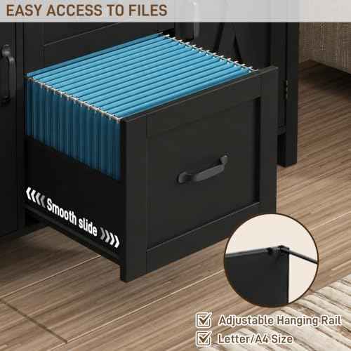 Vabches File Cabinet with 3 Drawers, Farmhouse Lateral File Cabinet Fits Files Letter/A4 Size, Wooden Filing Cabinet with Door and Adjustable Shelves Printer Stand for Home Office, Dark Brown