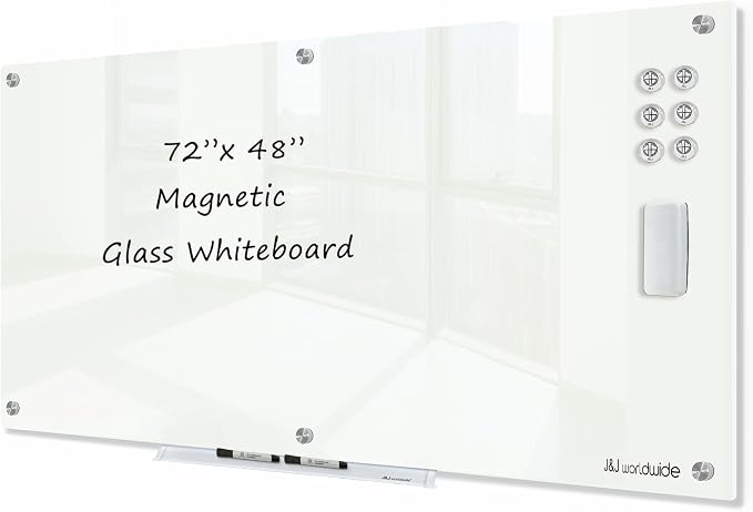 J&J worldwide Magnetic Glass Whiteboard 6' x 4', Large Frameless White Boards by JJworldwide