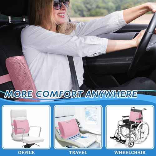 Lumbar Support Pillow for Office Chair, Back Support, Memory Foam, Pink