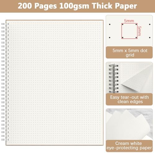 A4 Dotted Journal Notebook, 2 Pack Large Spiral Dot Grid Notebook, 200 Pages 100gsm Thick Dot Grid Paper Journal for Sketching Writing Taking Note and More - Kraft Brown Cover, 8.5" x 11"