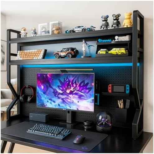 Desktop Hutch Bookshelf,Many Gifts,Metal Desktop Bookcase with pegboard, Desk Shelf Black, Countertop Storage Organizer Rack for Dorm or Office,Desktop Shelves(Black, 37.4" Lx9.9 Wx39 H)