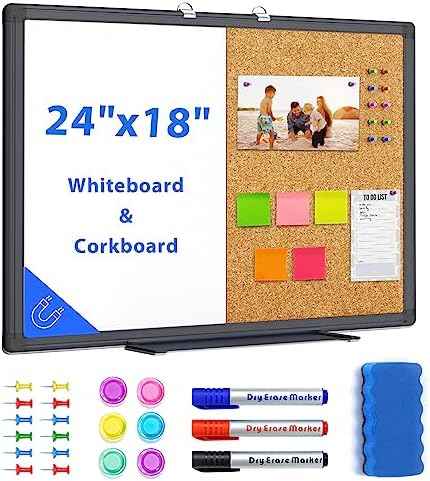 Maxtek Black Whiteboard and Cork Board Combo 24 x 18 in, Wall Mounted