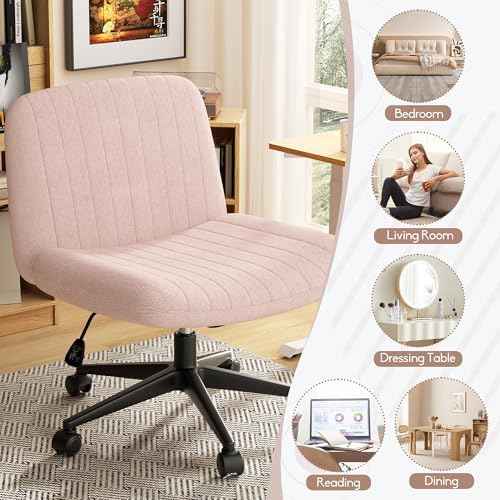 SUNLEI Cross Legged Office Chair with Wheels, Armless Wide Chair's for Vanity Desk, Criss Cross Comfy Chairs with Back, Desk Chair/s of Height Adjustable Swivel, Pink