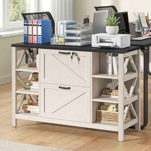 Vabches File Cabinet with 2 Drawers, Farmhouse Lateral File Cabinet Fits Files Letter/A4/Legal Size, Wooden Filing Cabinet with 4 Adjustable Shelves Printer Stand for Home Office, White and Black